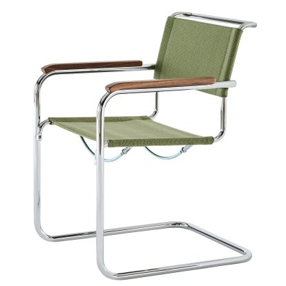 S 33 / S 34 V Fabric Cantilever Chair, Armrests oiled walnut, Chrome-plated, Fabric Nobel 68303 - green, Black plastic glides with felt