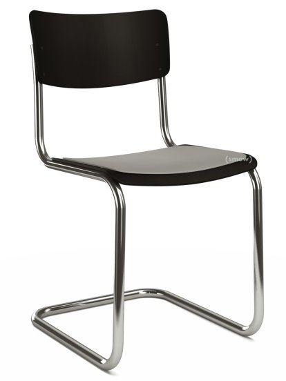 S 43 Classic Cantilever Chair, Chrome-plated frame, Lacquered beech, Deep black (RAL 9005), Seat pad without upholstery light grey melange, Black plastic glides with felt