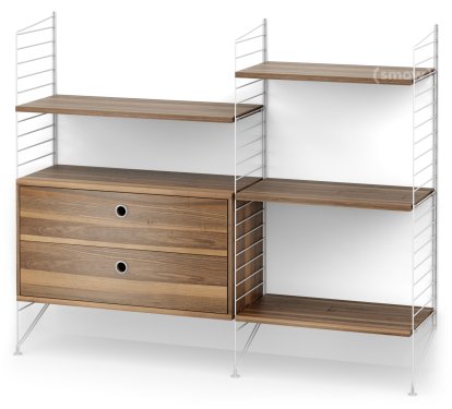String System Floor Shelf with Drawers, White, Walnut veneer