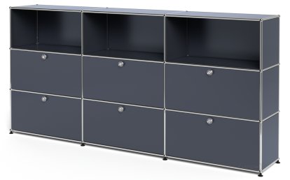 USM Haller Highboard XL, Customisable, Anthracite RAL 7016, Open, With 3 drop-down doors, With 3 drop-down doors