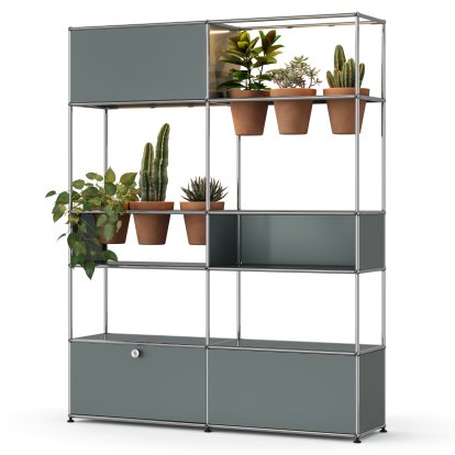 USM Haller E Plant World Room Divider, Mid grey RAL 7005, Terracotta, LED lighting warm white