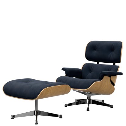 Eames Lounge Chair & Ottoman Calma, Chestnut, natural, Calma, night blue, 84 cm - Original height 1956, Aluminium polished