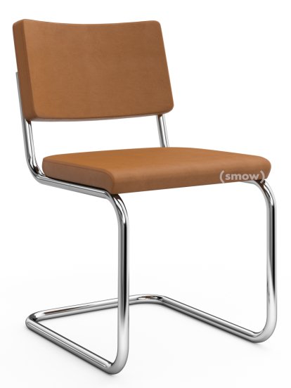 S 32 PV Pure Materials Cantilever Chair, Nubuk Leather ochre-brown, Chrome-plated, Black plastic glides with felt