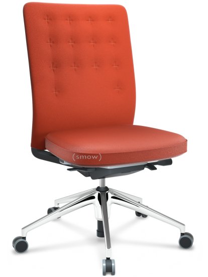 ID Trim, Without lumbar support, FlowMotion-with tilt mechanism, with seat depth adjustment, Without armrests, 5 star foot, polished aluminium, Seat and back Plano, Orange, Soft castors for hard floor surfaces