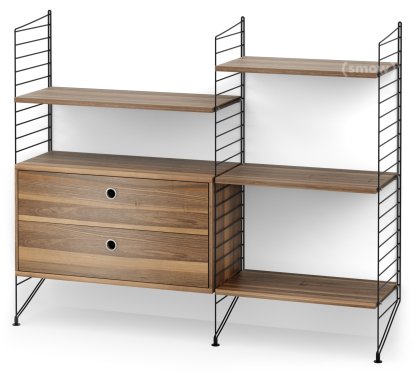 String System Floor Shelf with Drawers, Black, Walnut veneer