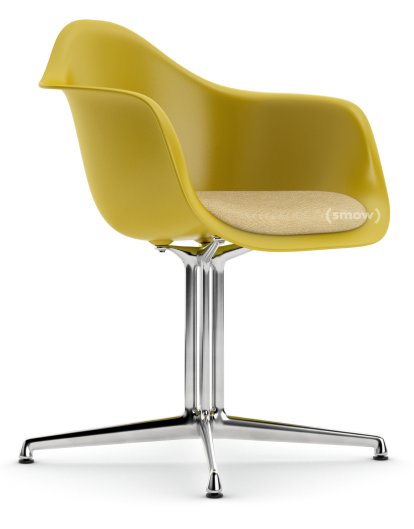 Eames Plastic Armchair RE DAL, Mustard, With seat upholstery, Mustard / ivory, Aluminium polished, New seat height (43,0 cm)