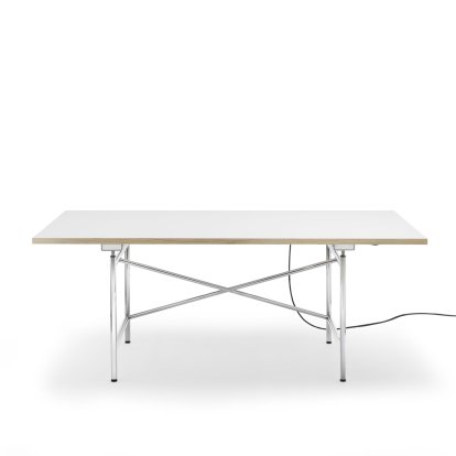 Eiermann 1 Table E (Electric Height Adjustment), White melamine with oak edge, 180 x 90 cm, Chrome, With cable duct