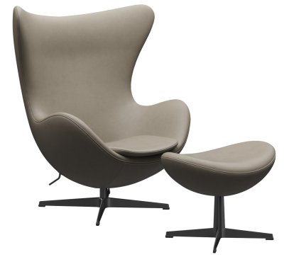 Egg Chair, Leather Essential, Light grey, Black, With footstool