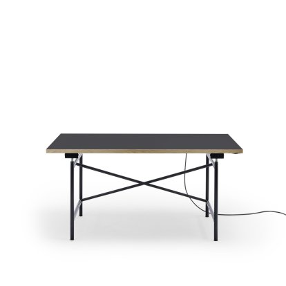 Eiermann 1 Table E (Electric Height Adjustment), Linoleum charcoal (Forbo 4166) with oak edge, 140 x 80 cm, Black, With cable duct