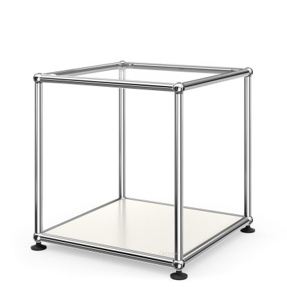 USM Haller Side Table 35, Upper panel glass, lower panel metal, Pure white RAL 9010