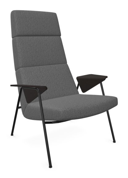 Votteler Chair, Higher back, Fabric Gaia silver, Matt black powder-coated, Flamed oak