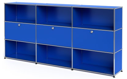 USM Haller Highboard XL, Customisable, Gentian blue RAL 5010, Open, With 3 drop-down doors, Open
