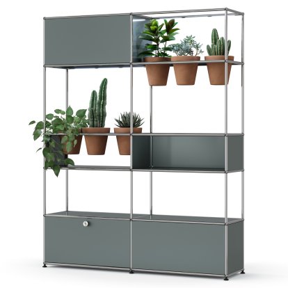 USM Haller E Plant World Room Divider, Mid grey RAL 7005, Terracotta, LED illumination cold white