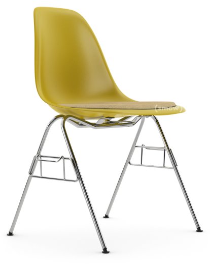 Eames Plastic Side Chair RE DSS / DSS-N, Mustard, With seat upholstery, Mustard / ivory, With linking element (DSS)