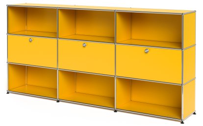 USM Haller Highboard XL, Customisable, Golden yellow RAL 1004, Open, With 3 drop-down doors, Open