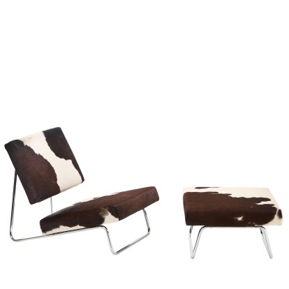 Hirche Lounge Chair, Cowhide, brown/white, Chrome, with footstool