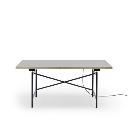 Eiermann 1 Table E (Electric Height Adjustment), Linoleum ash grey (Forbo 4132) with oak edge, 160 x 80 cm, Black, With cable duct