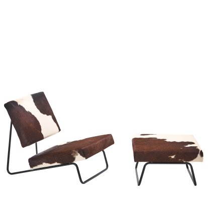 Hirche Lounge Chair, Cowhide, brown/white, Powder-coated, black, with footstool
