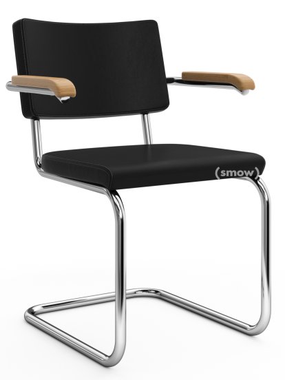 S 64 PV Pure Materials Cantilever Chair, Nappa Leather black, Oak, Chrome-plated, Black plastic glides with felt