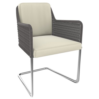 D43 Armchair, Wickerwork II - quartz grey, Leather - cream white, Stainless steel, matt