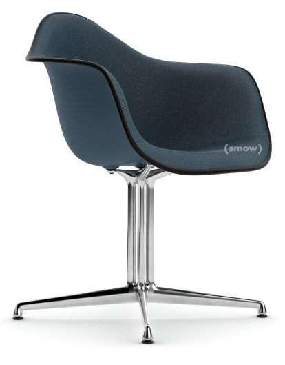 Eames Plastic Armchair DAL, Sea blue, With full upholstery, Sea blue / dark grey, Aluminium polished, New seat height (43,0 cm)
