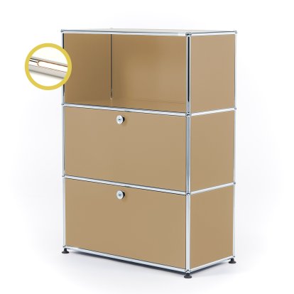 USM Haller E Highboard M with 2 Drop-down Doors and Compartment Lighting, USM beige, Warm white