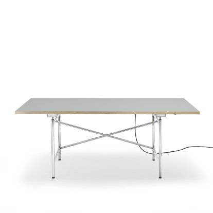 Eiermann 1 Table E (Electric Height Adjustment), Linoleum ash grey (Forbo 4132) with oak edge, 180 x 90 cm, Chrome, Without cable duct
