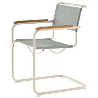 S 33 / S 34 V Fabric Cantilever Chair, Armrests oiled oak, Pearl white matt powder coated, Fabric Cento ray - light blue, Transparent plastic glides with felt