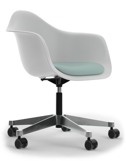 Eames Plastic Armchair RE PACC, Cotton white, With seat upholstery, Ice blue / ivory