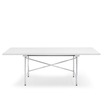 Eiermann 1 Table M (Mechanical Height Adjustment), White melamine with white edge, 200 x 90 cm, Chrome