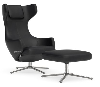 Grand Repos Lounge Chair, Chair Grand Repos & Ottoman, Leather Premium F nero, 45 cm, Polished