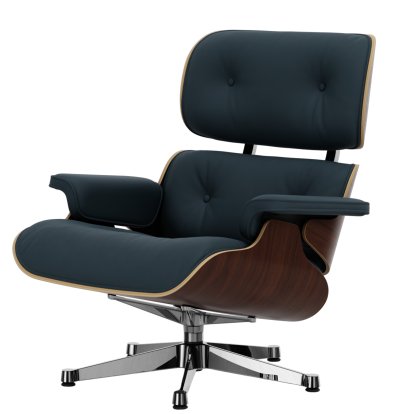 Eames Lounge Chair, Dark walnut, Leather Premium F smoky blue, 84 cm - Original height 1956, Aluminium polished