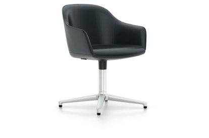 Softshell Chair with four star base, Aluminium polished, Leather (Standard), Nero, Glides for carpets