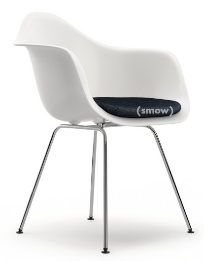 Eames Plastic Armchair RE DAX, White non-RE, With seat upholstery, Dark blue / ivory, Standard version - 43 cm, Chrome-plated
