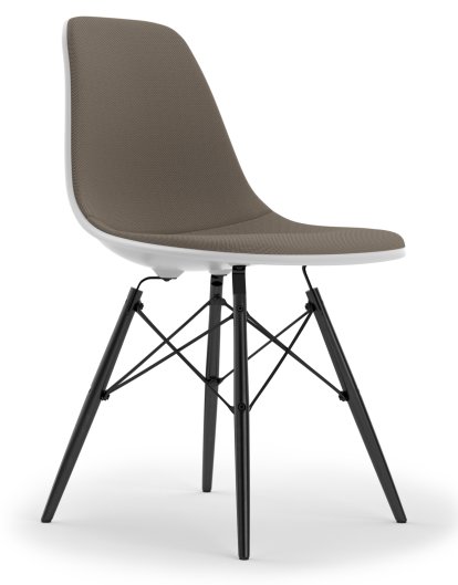 Eames Plastic Side Chair DSW, Cotton white, With full upholstery, Warm grey / moor brown, Standard version - 43 cm, Black maple