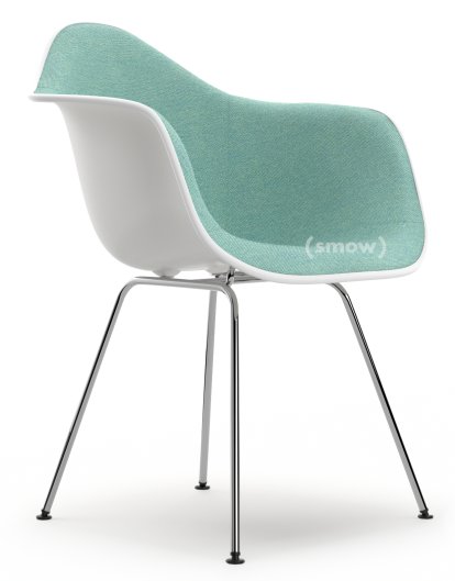 Eames Plastic Armchair DAX, White RE, With full upholstery, Ice blue / ivory, Standard version - 43 cm, Chrome-plated