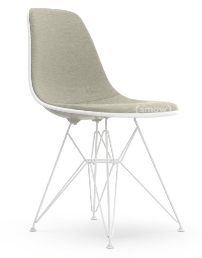 Eames Plastic Side Chair RE DSR, Pebble, With full upholstery, Warm grey / ivory, Standard version - 43 cm, Coated white