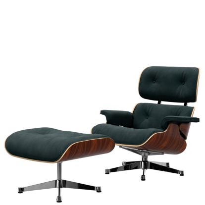 Eames Lounge Chair & Ottoman Calma, Santos Palisander, Calma, pine green, 84 cm - Original height 1956, Aluminium polished