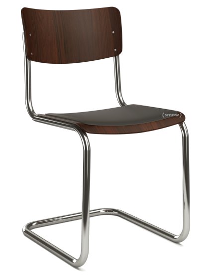 S 43 Classic Cantilever Chair, Chrome-plated frame, Stained beech, Walnut (TP 24), Seat pad with upholstery black, Black plastic glides with felt