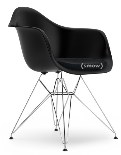 Eames Plastic Armchair RE DAR, Deep black, With seat upholstery, Nero, Standard version - 43 cm, Chrome-plated