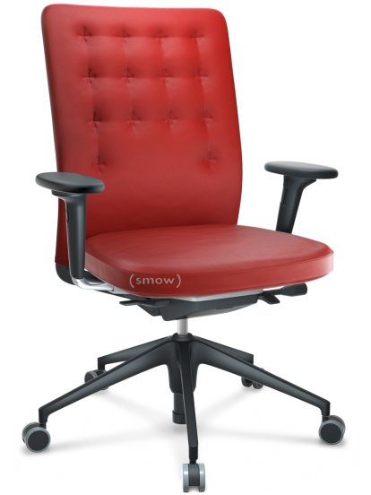 ID Trim, With lumbar support, FlowMotion-without tilt mechanism, without seat depth adjustment, With 2D armrests, 5 star foot , basic dark plastic, Seat and back, leather, Red, Soft castors for hard floor surfaces