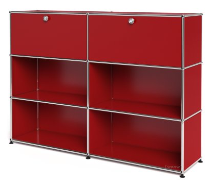 USM Haller Highboard L, Customisable, USM ruby red, With 2 drop-down doors, Open, Open