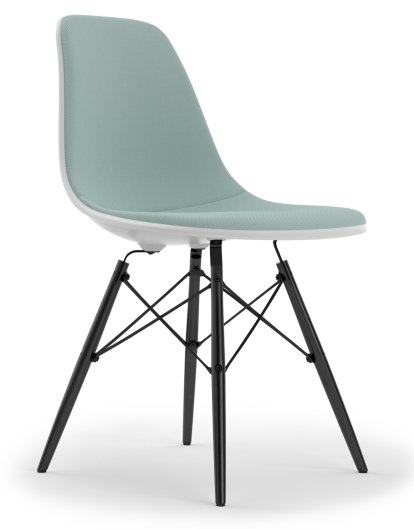 Eames Plastic Side Chair DSW, Cotton white, With full upholstery, Ice blue / ivory, Standard version - 43 cm, Black maple