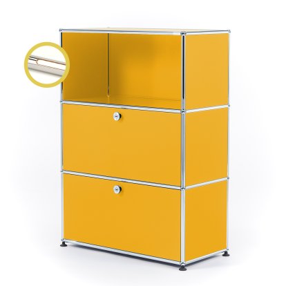 USM Haller E Highboard M with 2 Drop-down Doors and Compartment Lighting, Golden yellow RAL 1004, Warm white