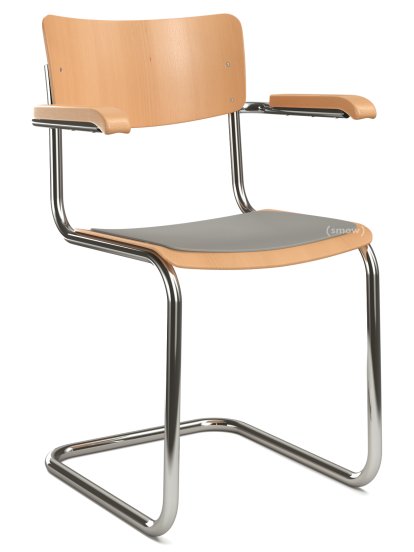 S 43 F Classic Cantilever Chair, Chrome-plated frame, Stained beech, Natural beech, Seat pad without upholstery light grey melange, Black plastic glides with felt