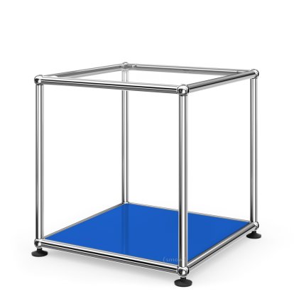 USM Haller Side Table 35, Upper panel glass, lower panel metal, Gentian blue RAL 5010