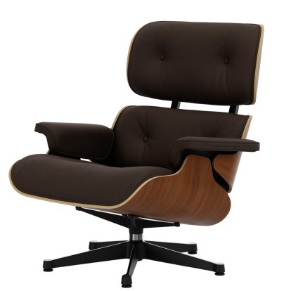 Eames Lounge Chair, Walnut, natural, Leather Premium F marron, 84 cm - Original height 1956, Aluminium polished, sides black